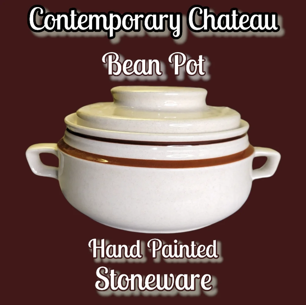 Vtg Contemporary Chateau Hand Painted Stoneware Japan Bean Pot Ivory w/ Speckles